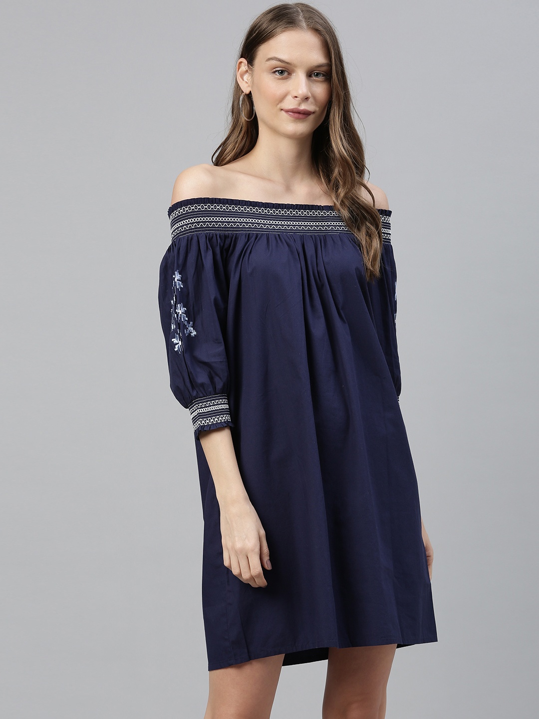 

Vero Moda Women Navy Blue Solid Smocked Off Shoulder A-Line Dress