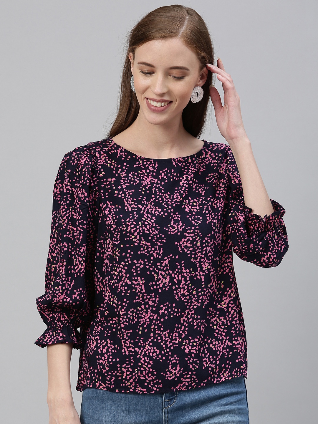 

Vero Moda Women Navy Blue & Pink Printed Top With Smock Puff Sleeves