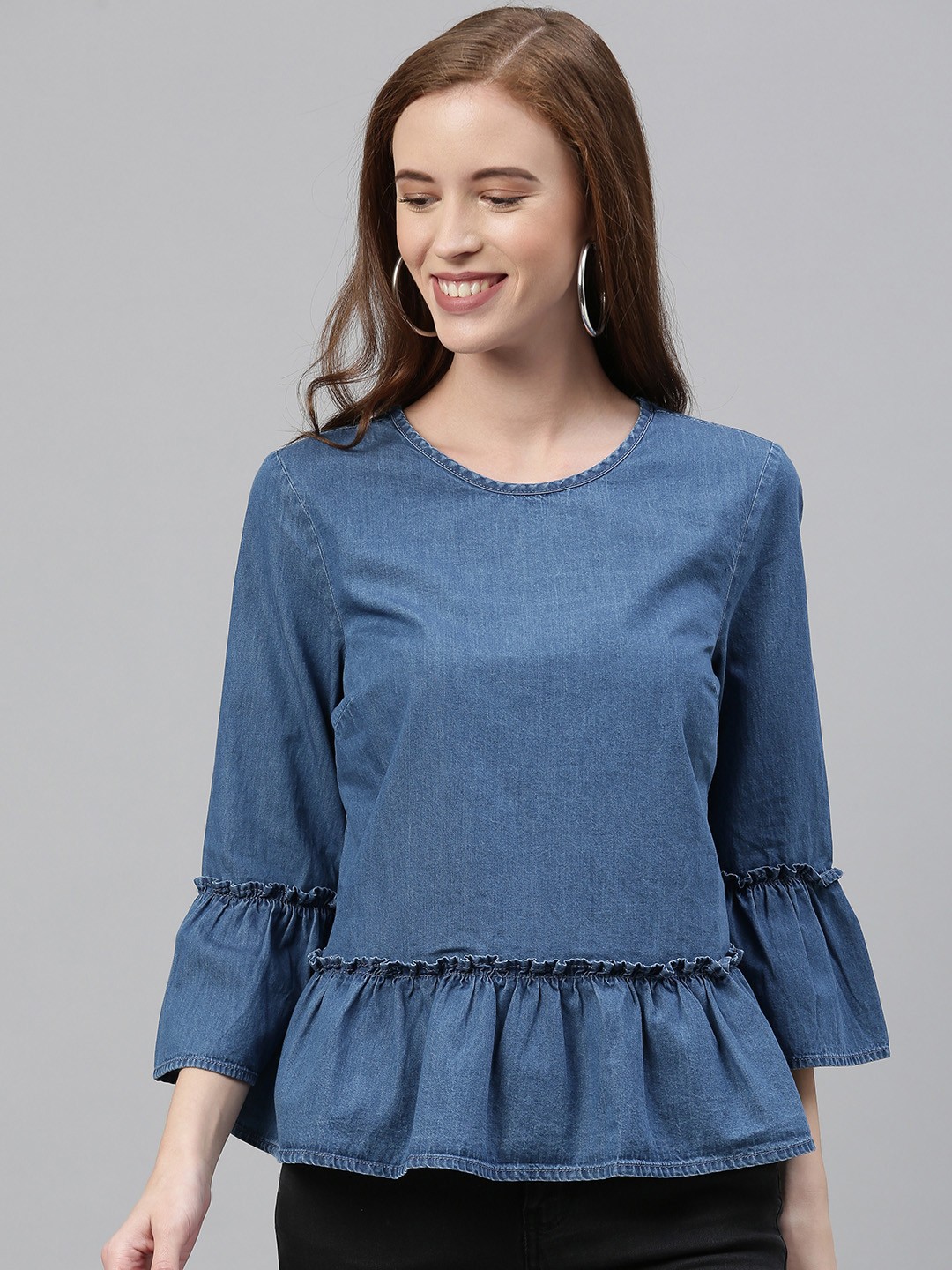

Vero Moda Women Blue Solid Peplum Denim Top