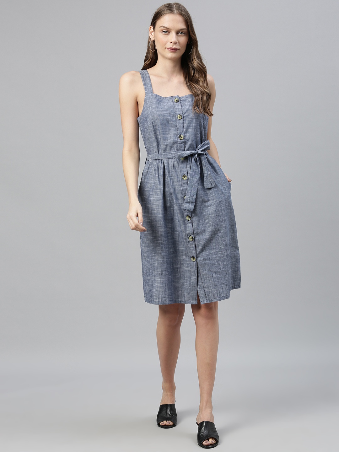 

Vero Moda Women Blue Solid Waist Tie-Up A-line Dress