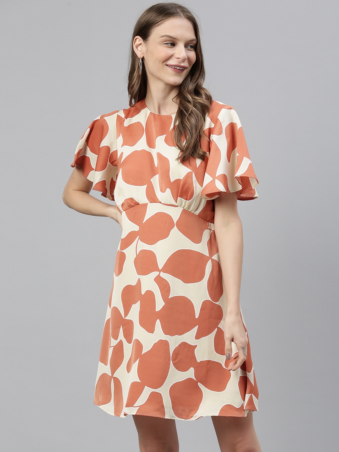 

Vero Moda Women Off White & Rust Orange Printed Pleated A-Line Dress