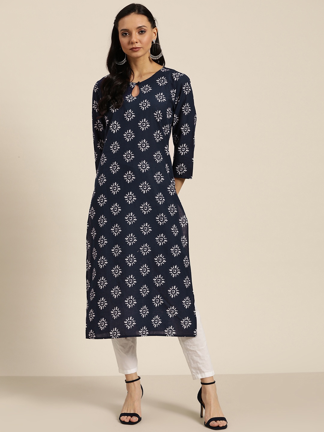 

Moda Rapido Women Navy Blue & White Tribal Print Straight Kurta