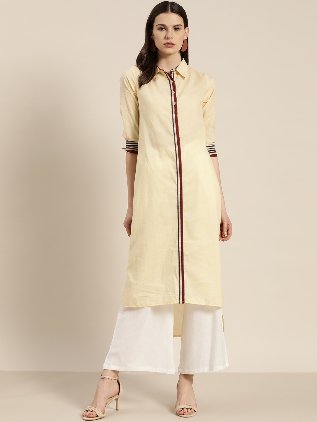 

Moda Rapido Women Cream-Coloured & Red Striped Pure Cotton High-low Straight Kurta