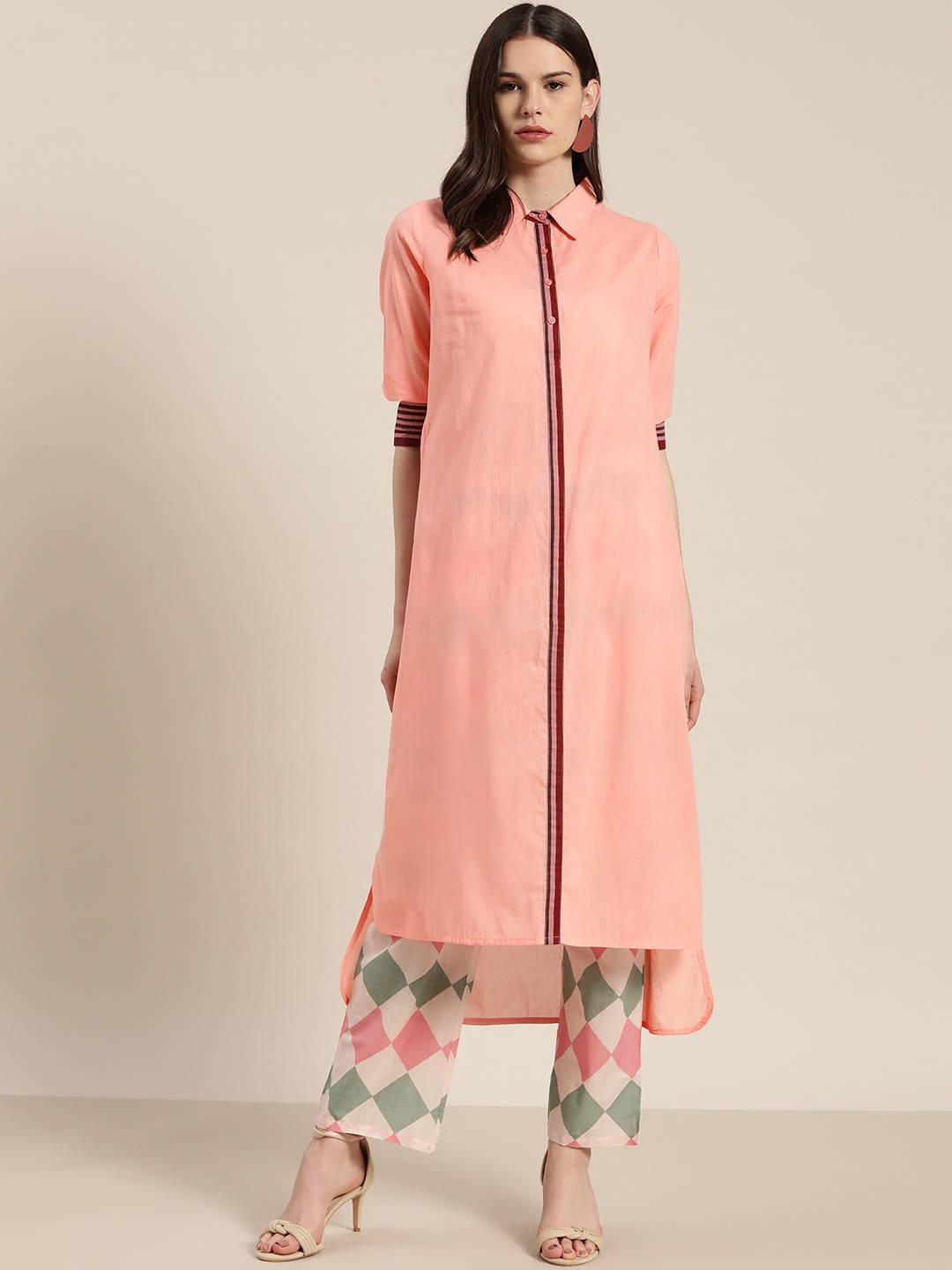 

Moda Rapido Women Peach-Coloured & Red Striped Pure Cotton High-low Straight Kurta