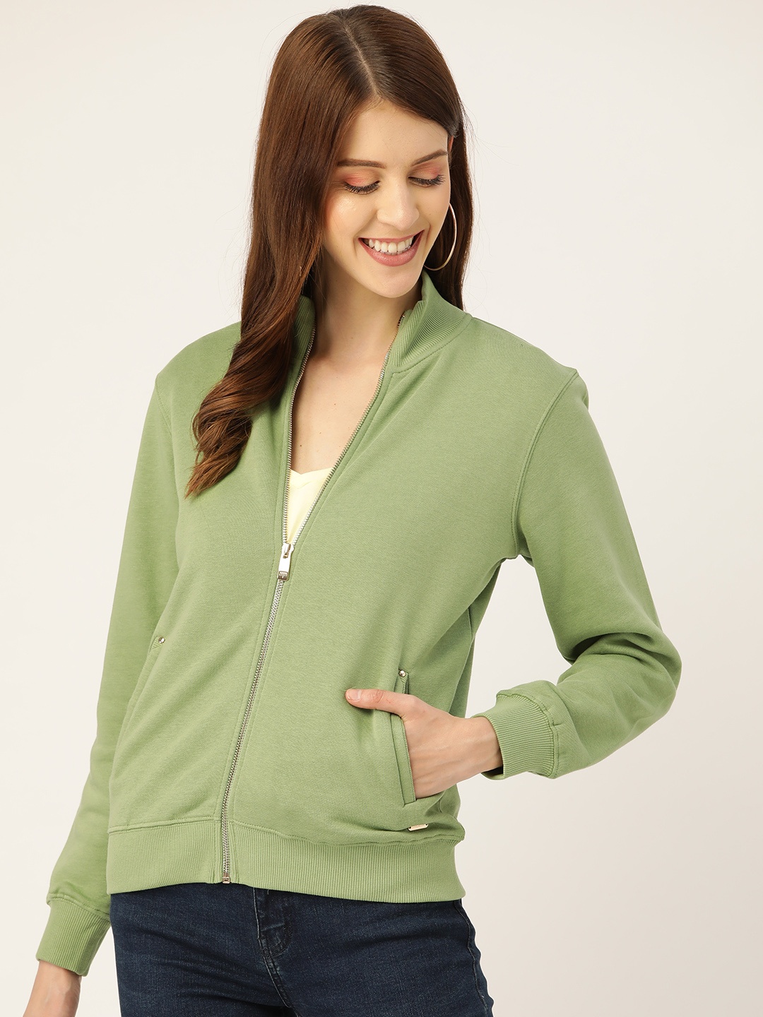 Madame Women Green Solid Sweatshirt