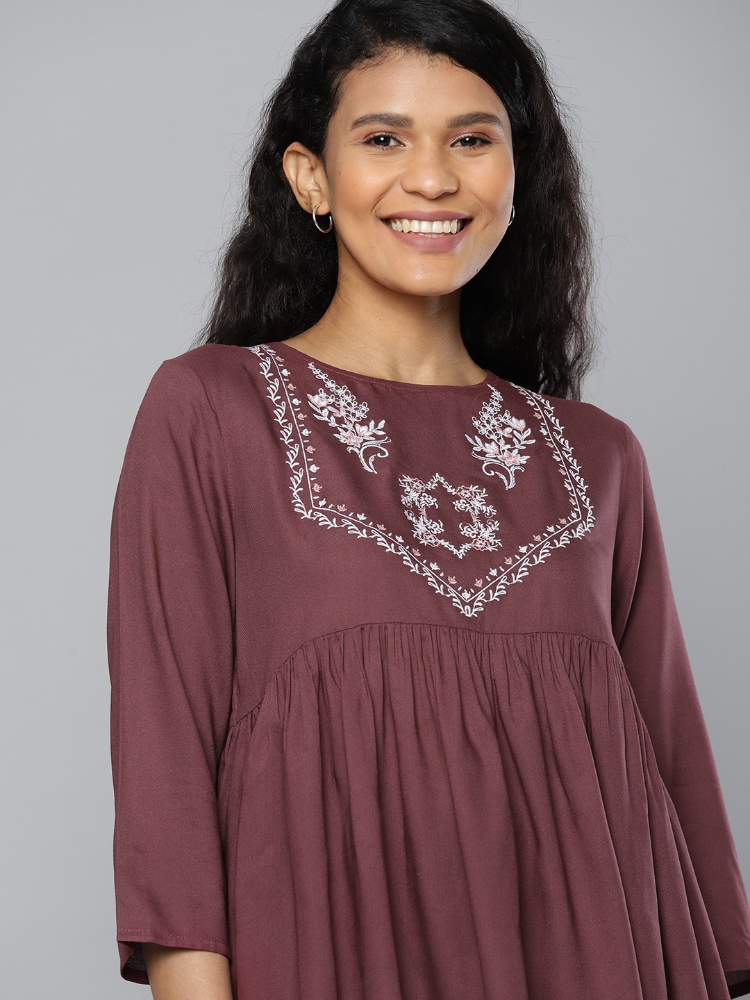 

HERE&NOW Women Burgundy Embroidered Detail A-Line Top