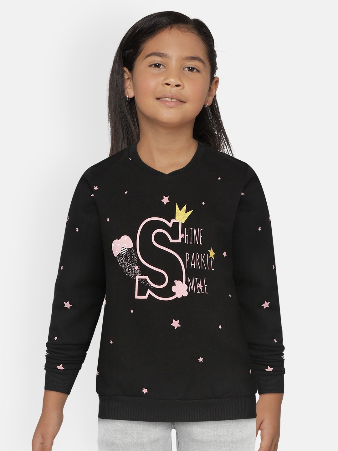 

Gini and Jony Girls Black & Pink Typography & Star Printed Sweatshirt