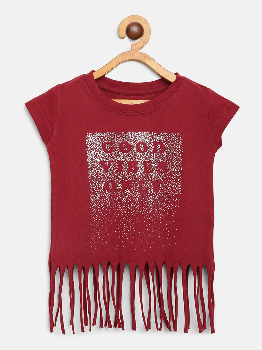 

Gini and Jony Girls Maroon & Silver Typography Print Fringed Top
