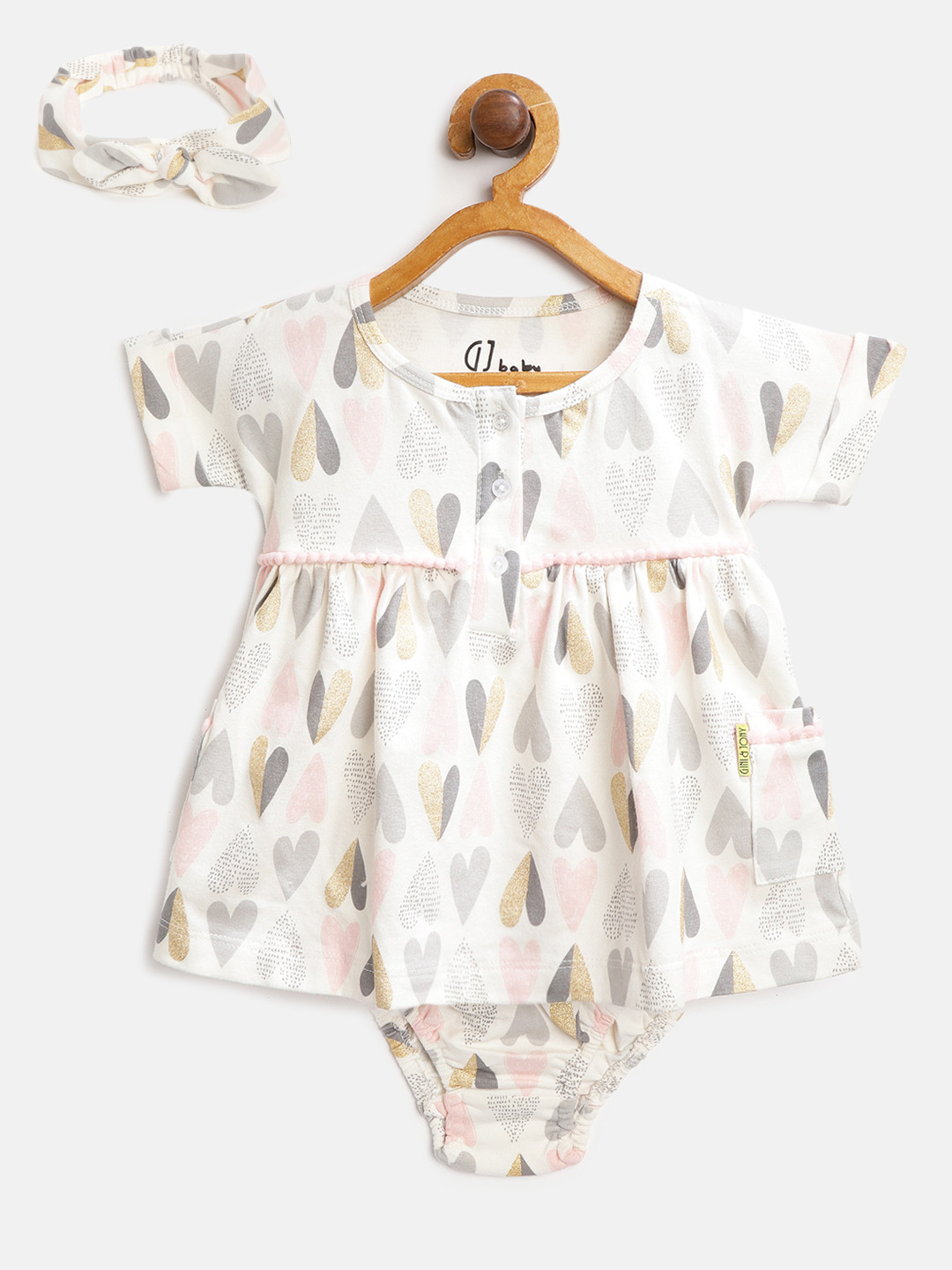 

Gini and Jony Girls White & Grey Printed A-Line Dress With Briefs & Hairband