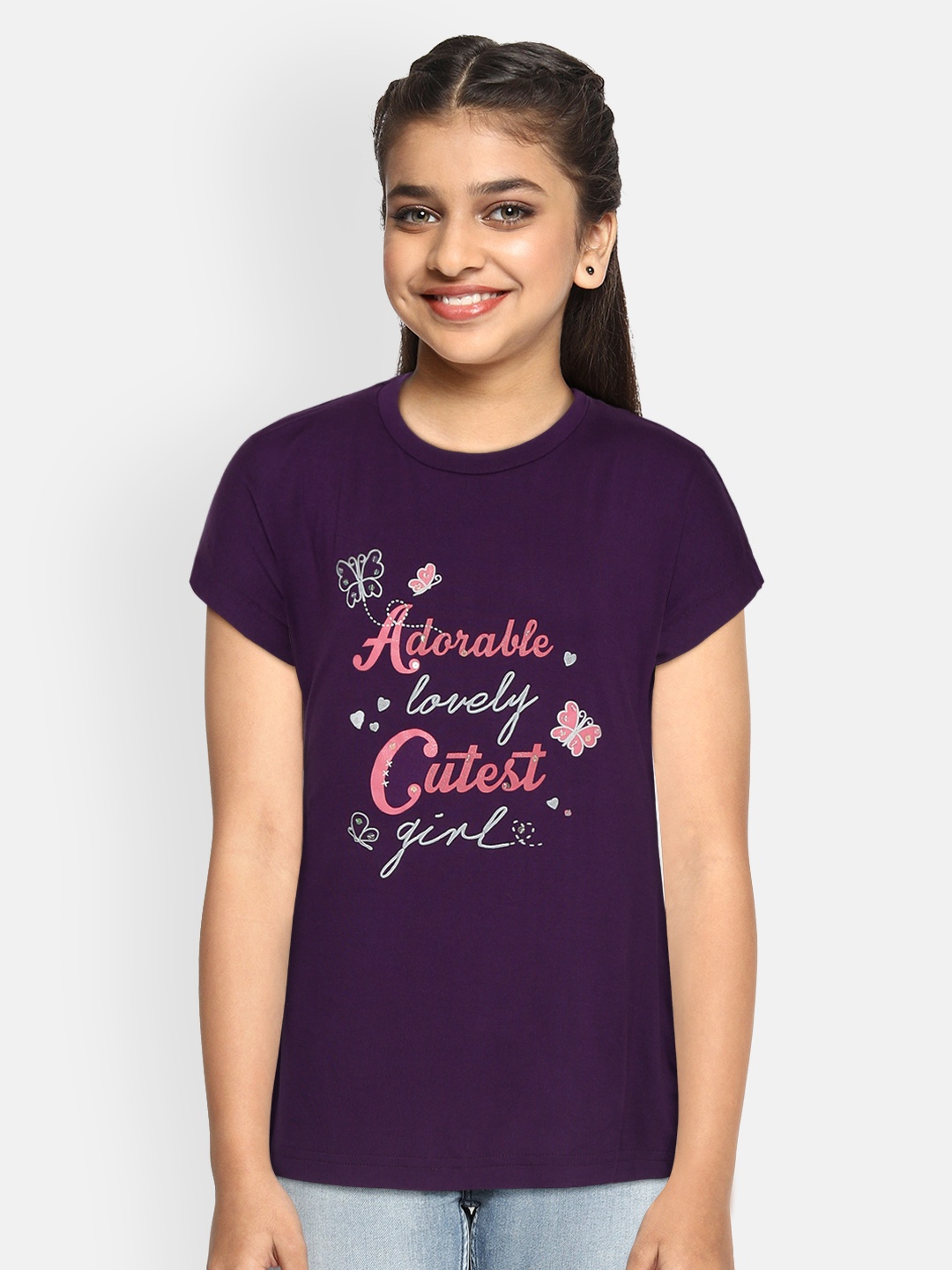 

Palm Tree Girls Purple Typography Printed Round Neck T-shirt