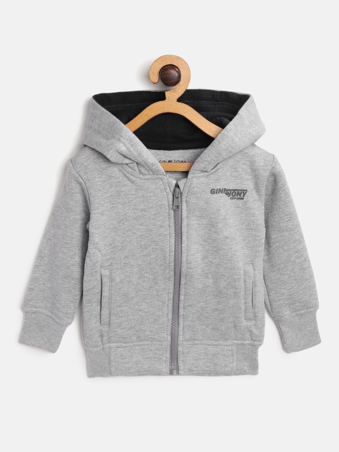 

Gini and Jony Boys Grey Melange Printed Hooded Sweatshirt