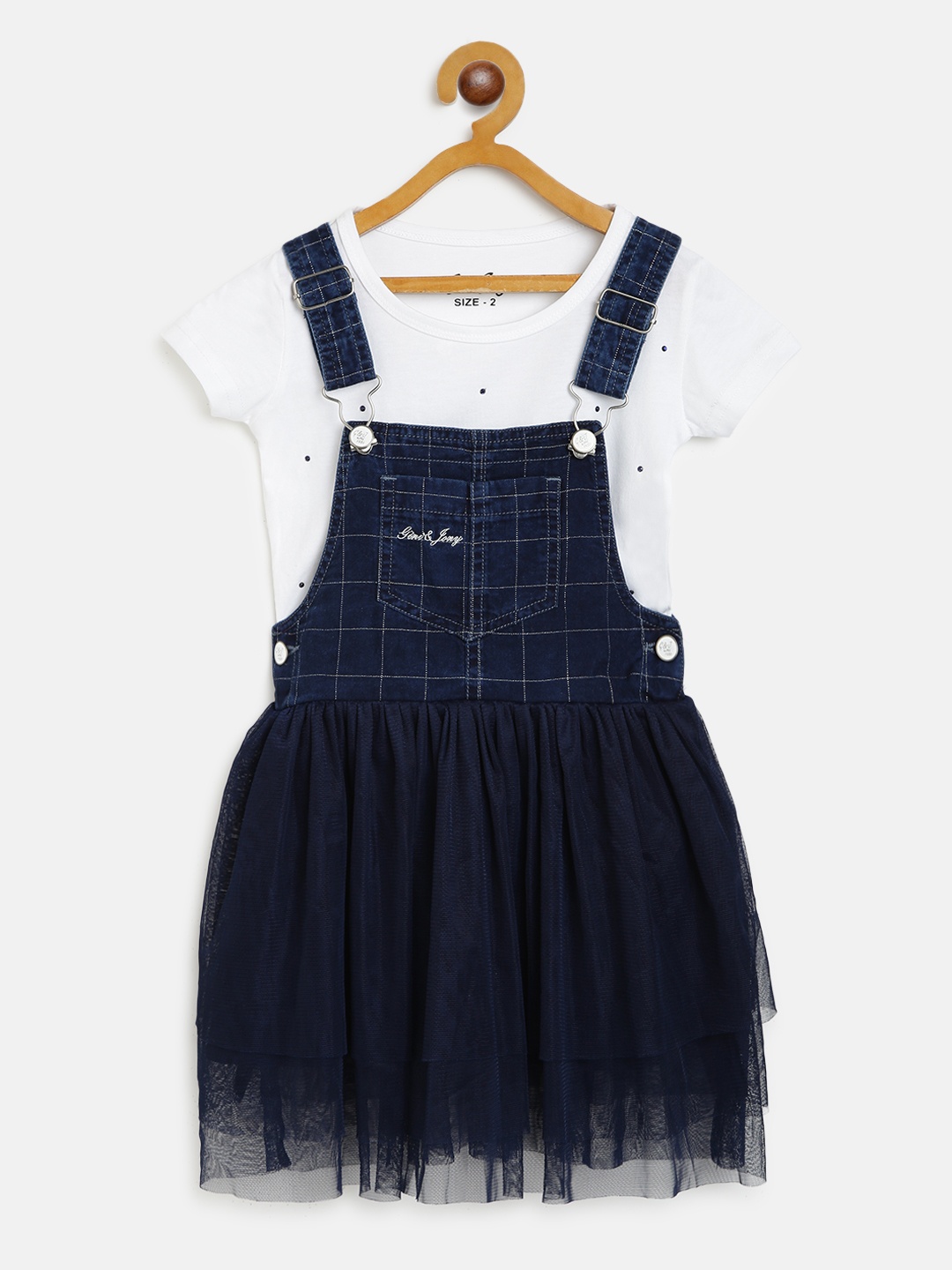 

Gini and Jony Girls Navy Blue Checked Pinafore Dress with T-shirt