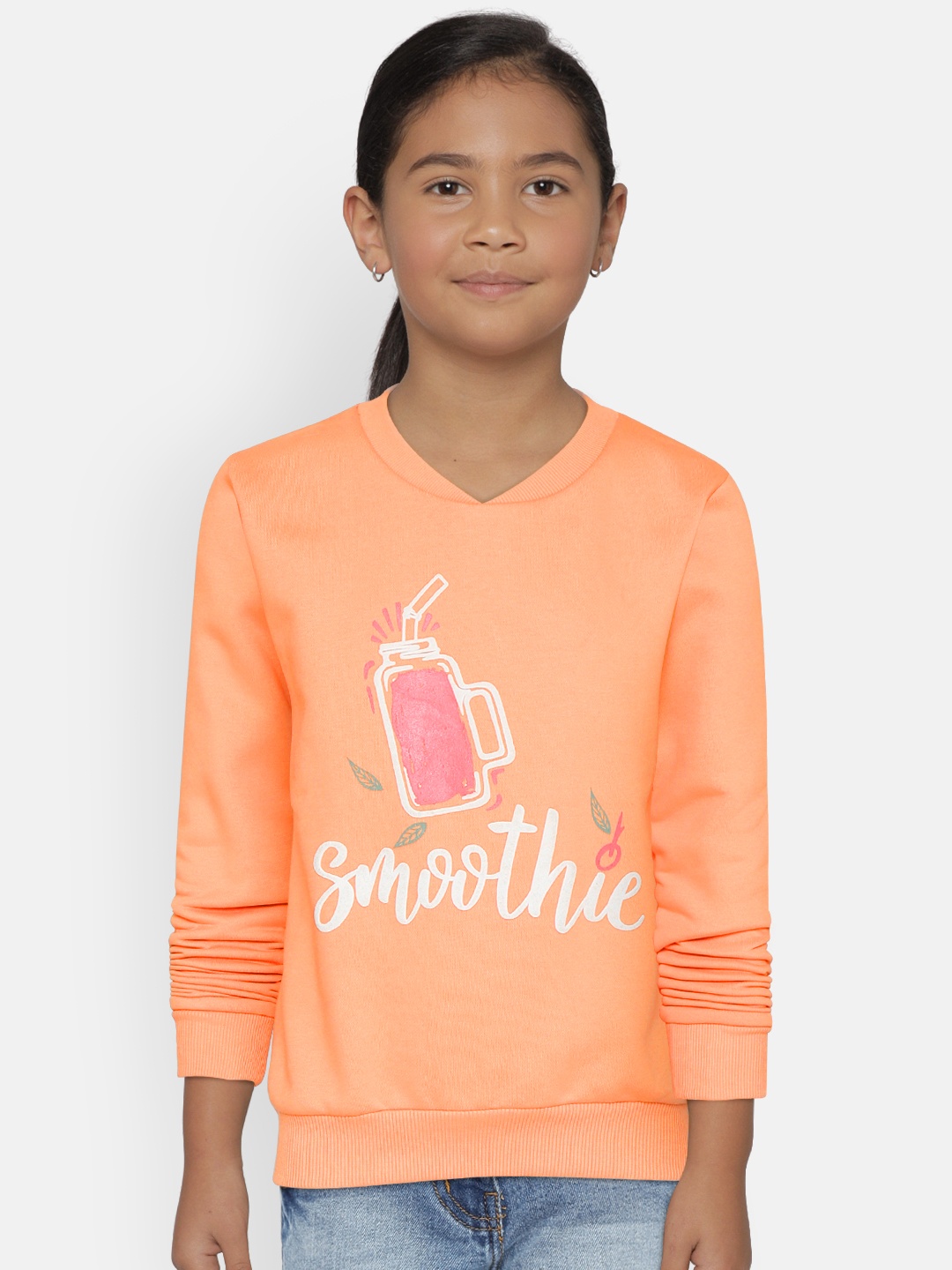 

Gini and Jony Girls Peach-Coloured & White Typography Printed V-Neck Sweatshirt