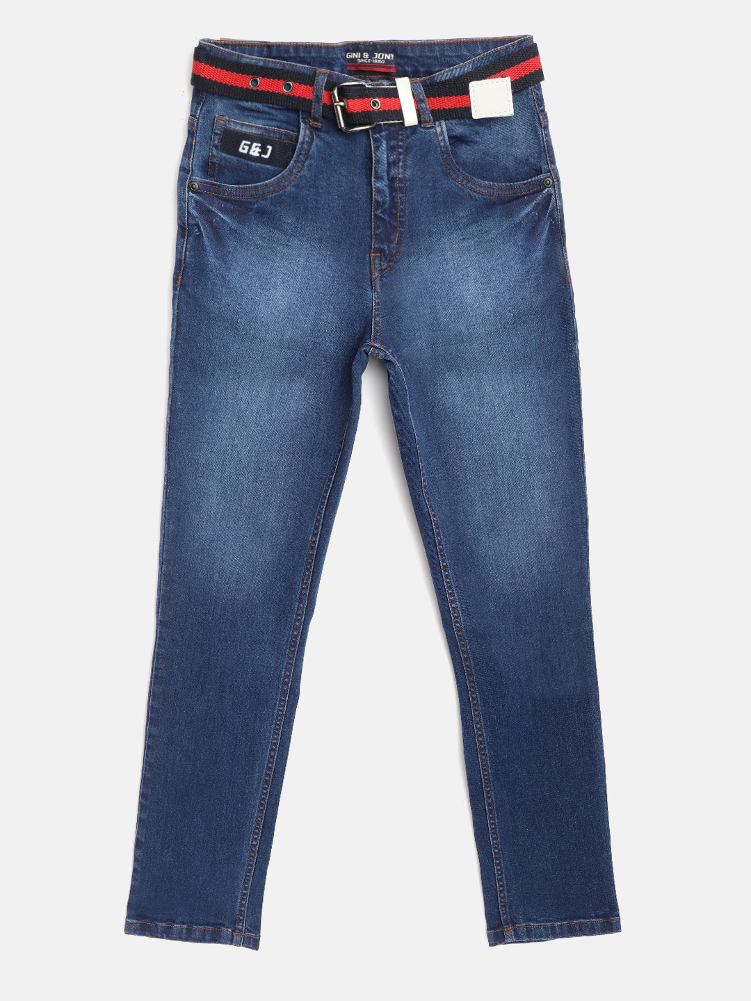 

Gini and Jony Boys Navy Blue Slim Fit Mid-Rise Clean Look Stretchable Jeans With Belt