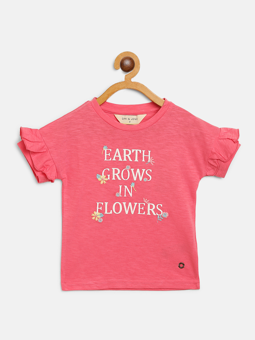 

Gini and Jony Pink & White Typography Print Pure Cotton Top with Ruffled Detail