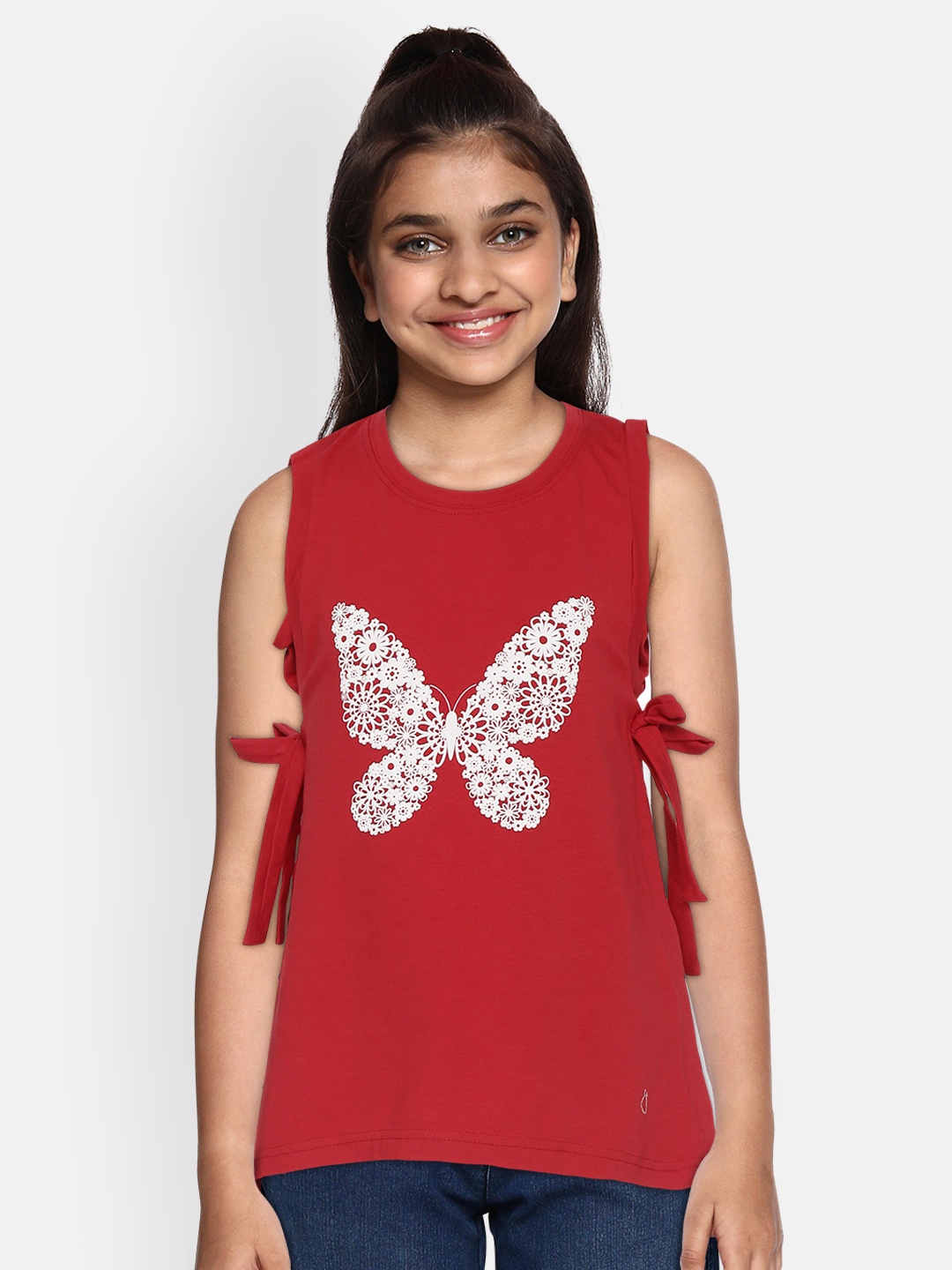 

Gini and Jony Girls Red & White Butterfly Printed Top with Tie-Up Detail