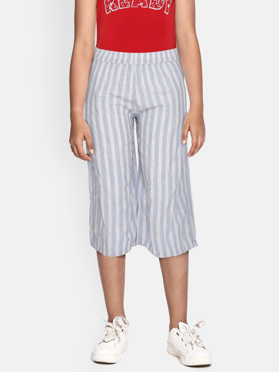 

Gini and Jony Girls Blue & White Striped Regular Fit High-Slit Parallel Trousers