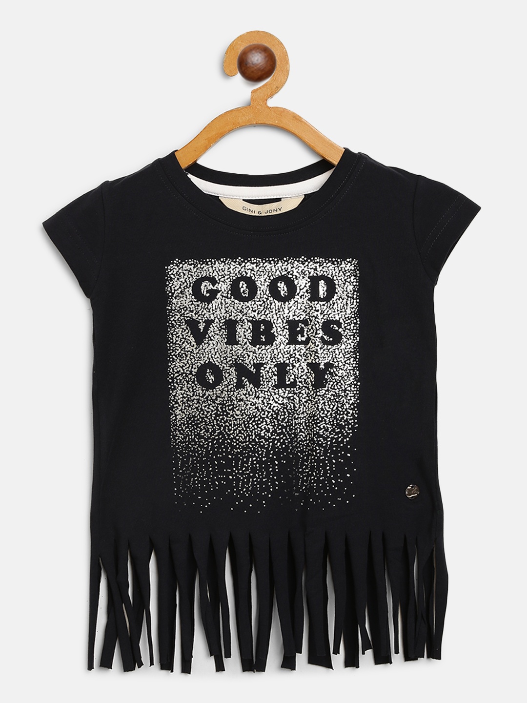 

Gini and Jony Girls Yellow & Silver Typography Print Fringed Top, Black