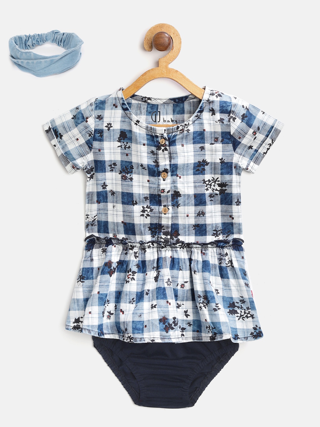 

Gini and Jony Girls Blue & White Checked Fit and Flare Dress With Briefs & Hairband