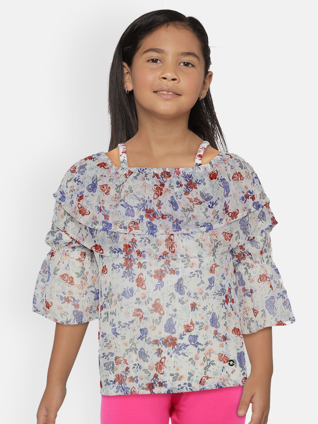 

Gini and Jony Girls Off-White & Blue Floral Print Bardot Top