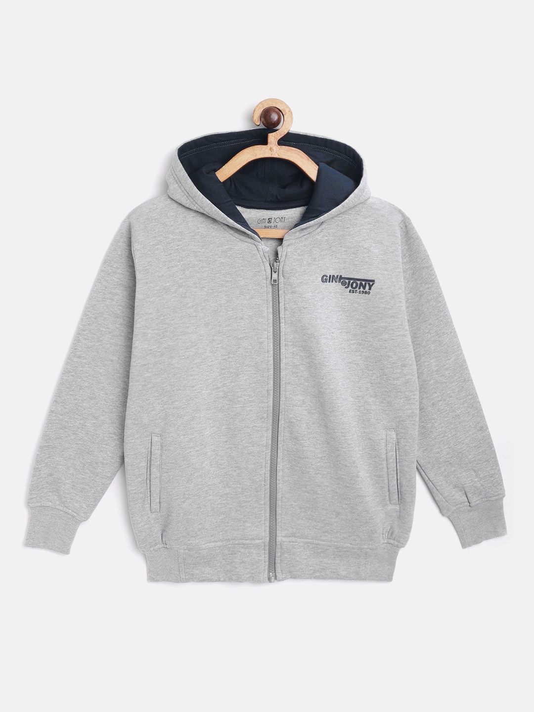 

Gini and Jony Boys Grey Melange Alphanumeric Back Printed Hooded Sweatshirt