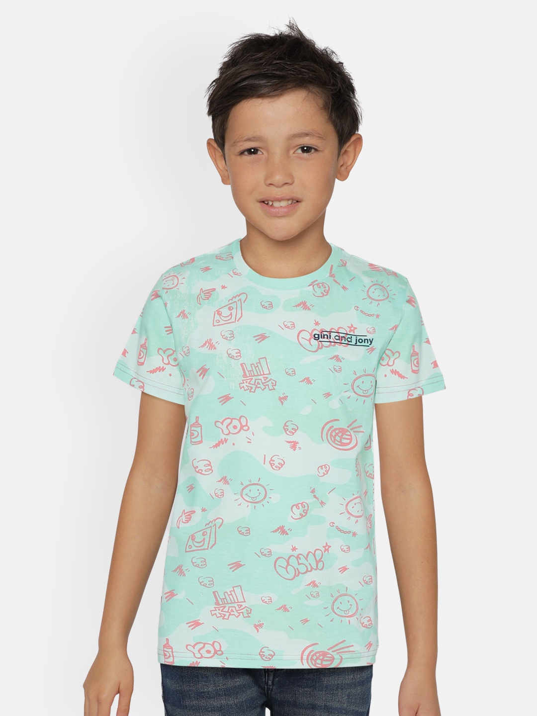 

Gini and Jony Boys Blue Pink Graphic Print Round Neck Pure Cotton T-shirt