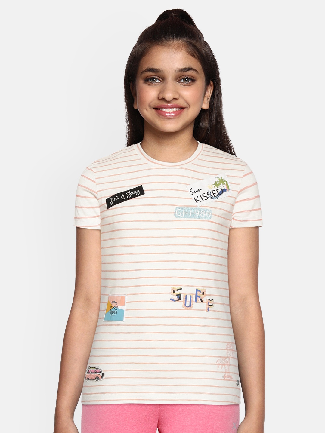 

Gini and Jony Girls White Peach-Coloured Striped Cotton Pure Cotton T-shirt with Applique Detail