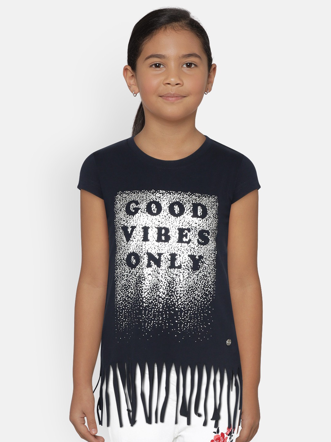 

Gini and Jony Girls Navy Blue & Silver Printed Fringed Crop Top