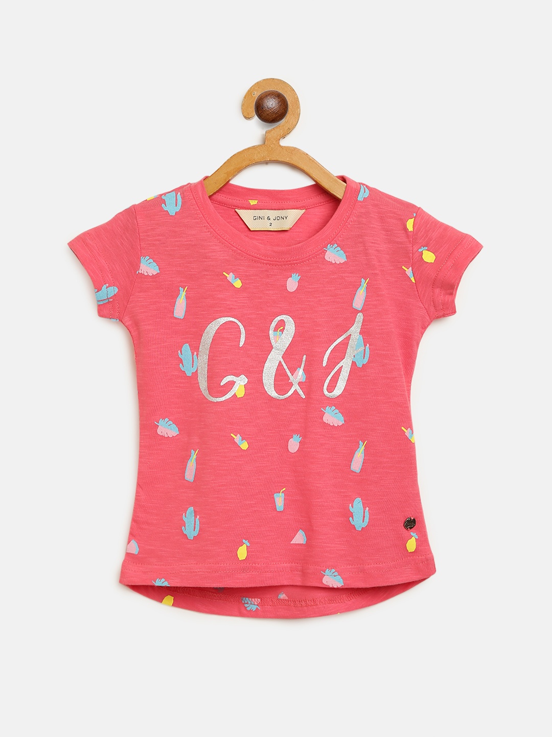 

Gini and Jony Girls Pink Blue Conversational Print Round Neck Pure Cotton T-shirt