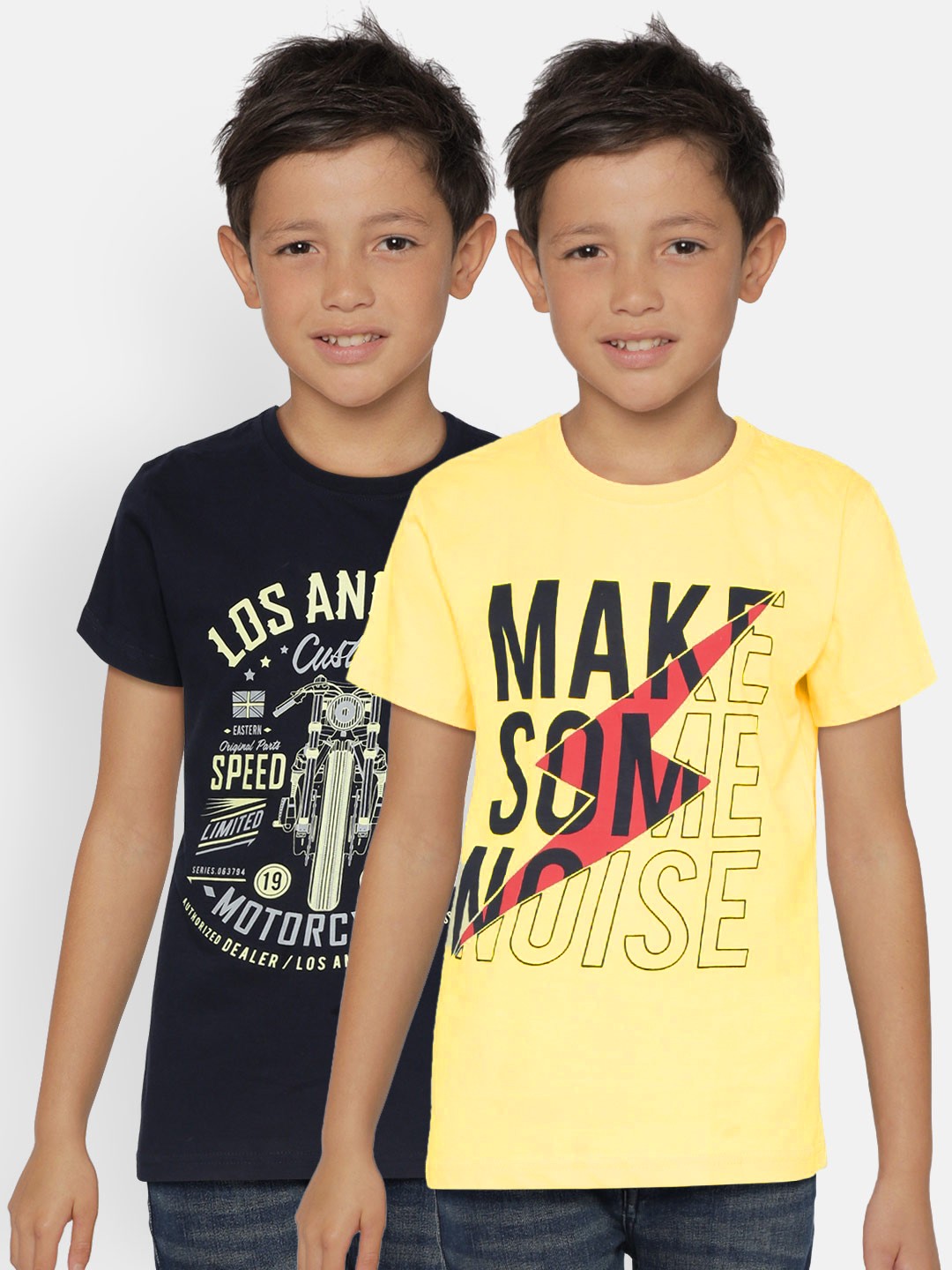 

Gini Jony Boys Pack of 2 Printed Round Neck Pure Cotton T-shirts, Yellow