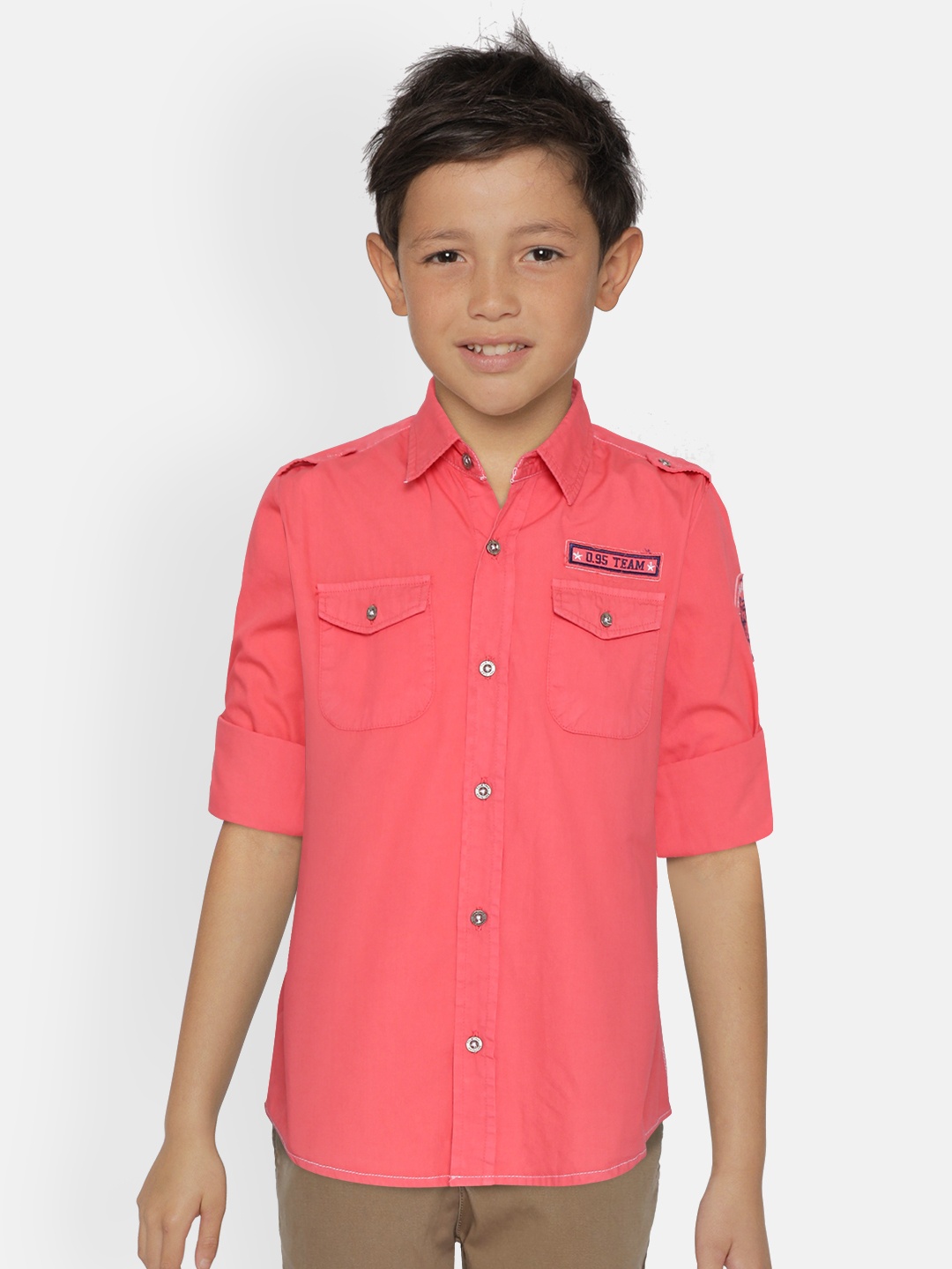 

Palm Tree Boys Coral Pink Solid Shirt with Applique Detail