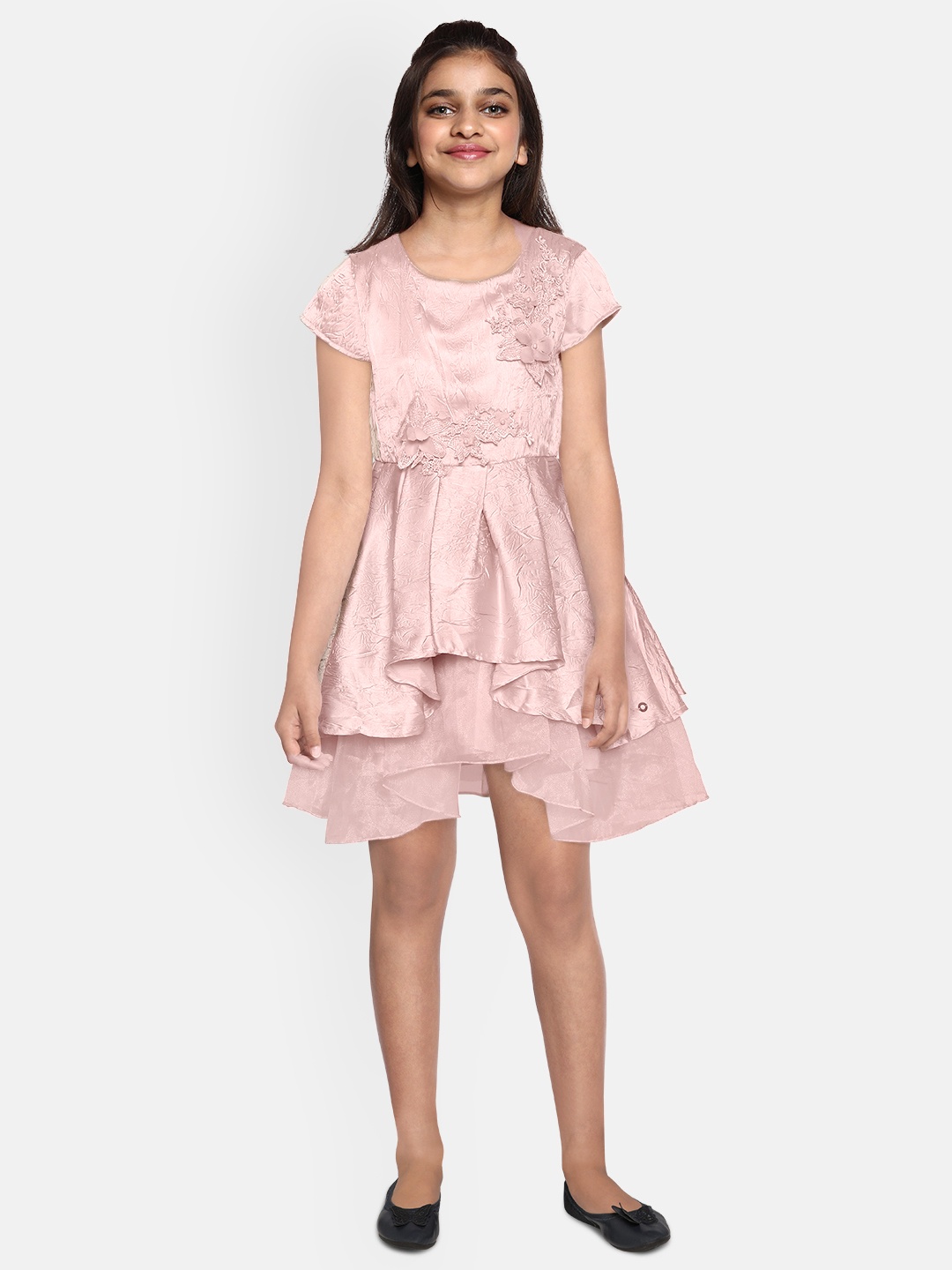 

Gini and Jony Girls Pink Solid Layered Net Fit and Flare Dress with Crinkled Effect