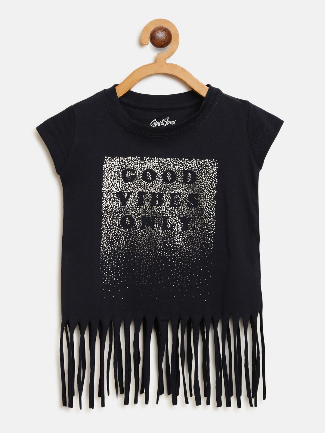 

Gini and Jony Girls Navy Blue & Silver Typography Print Fringed Top