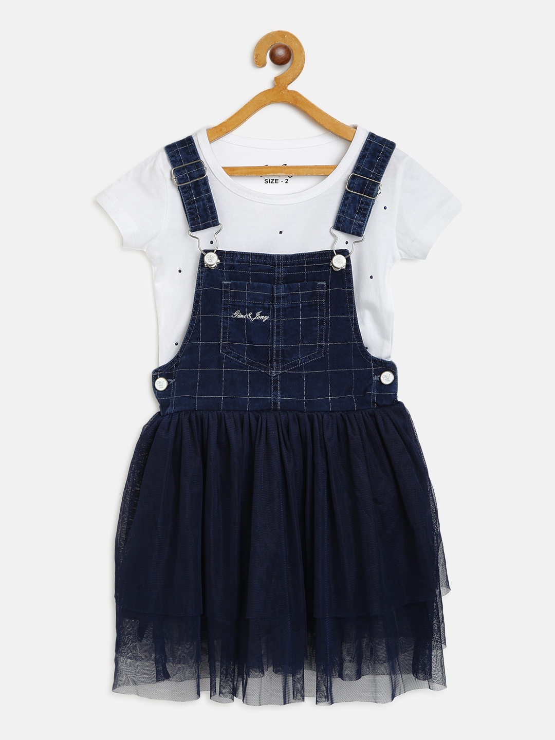 

Gini and Jony Girls Navy Blue Checked Pinafore Dress with T-shirt