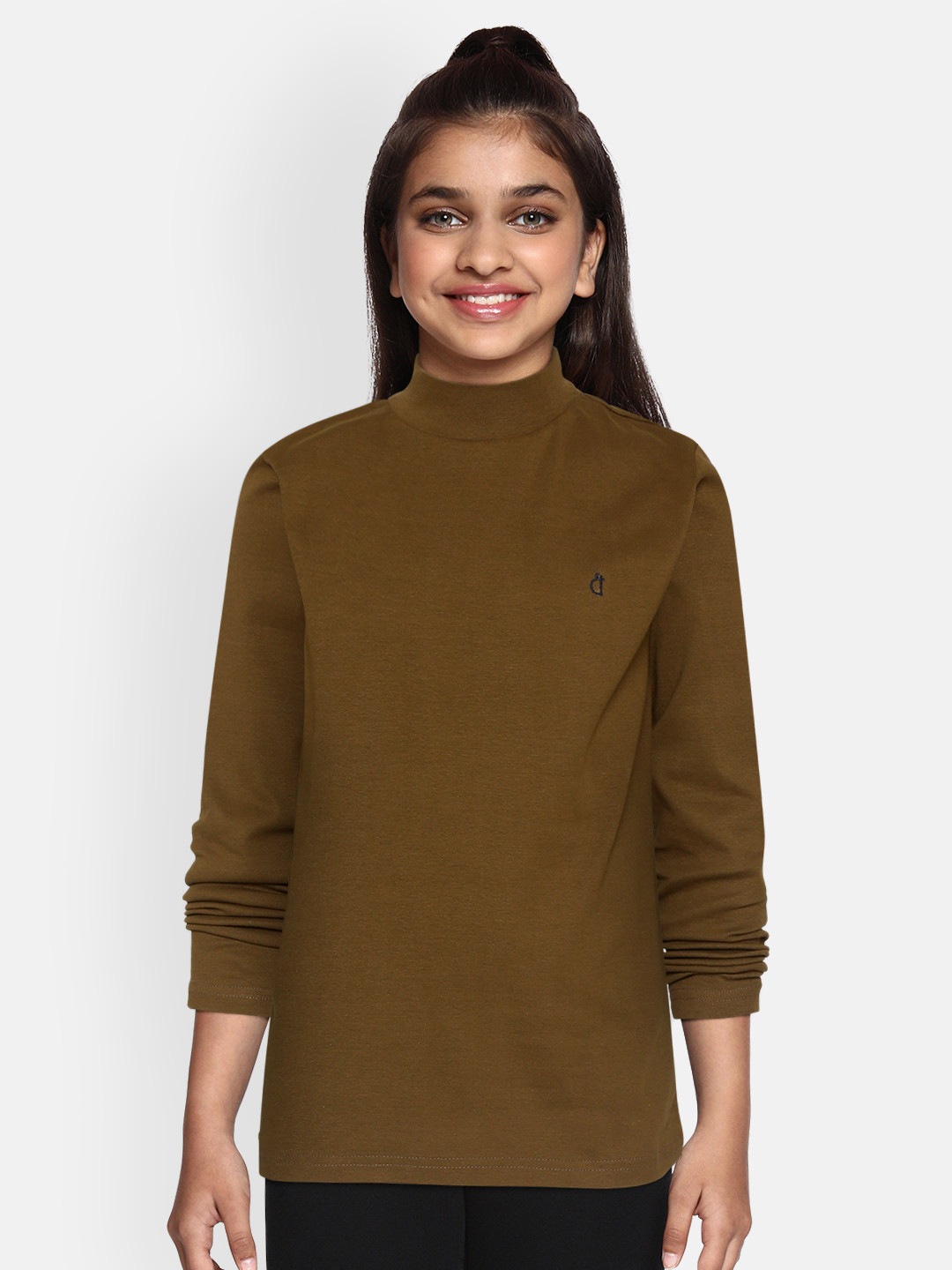 

Gini and Jony Girls Olive Brown Solid High Neck Pure Cotton T-shirt