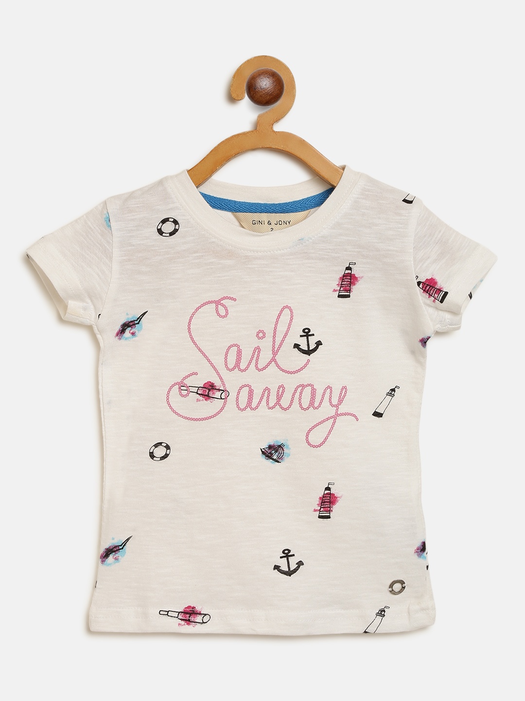 

Gini and Jony Girls White Pink Nautical Print Round Neck Pure Cotton T-shirt