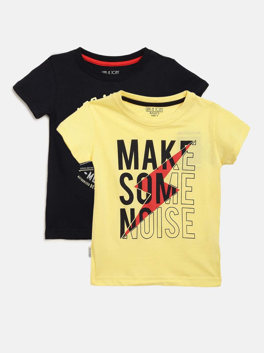

Gini Jony Boys Pack of 2 Printed Round Neck Pure Cotton T-shirts, Yellow