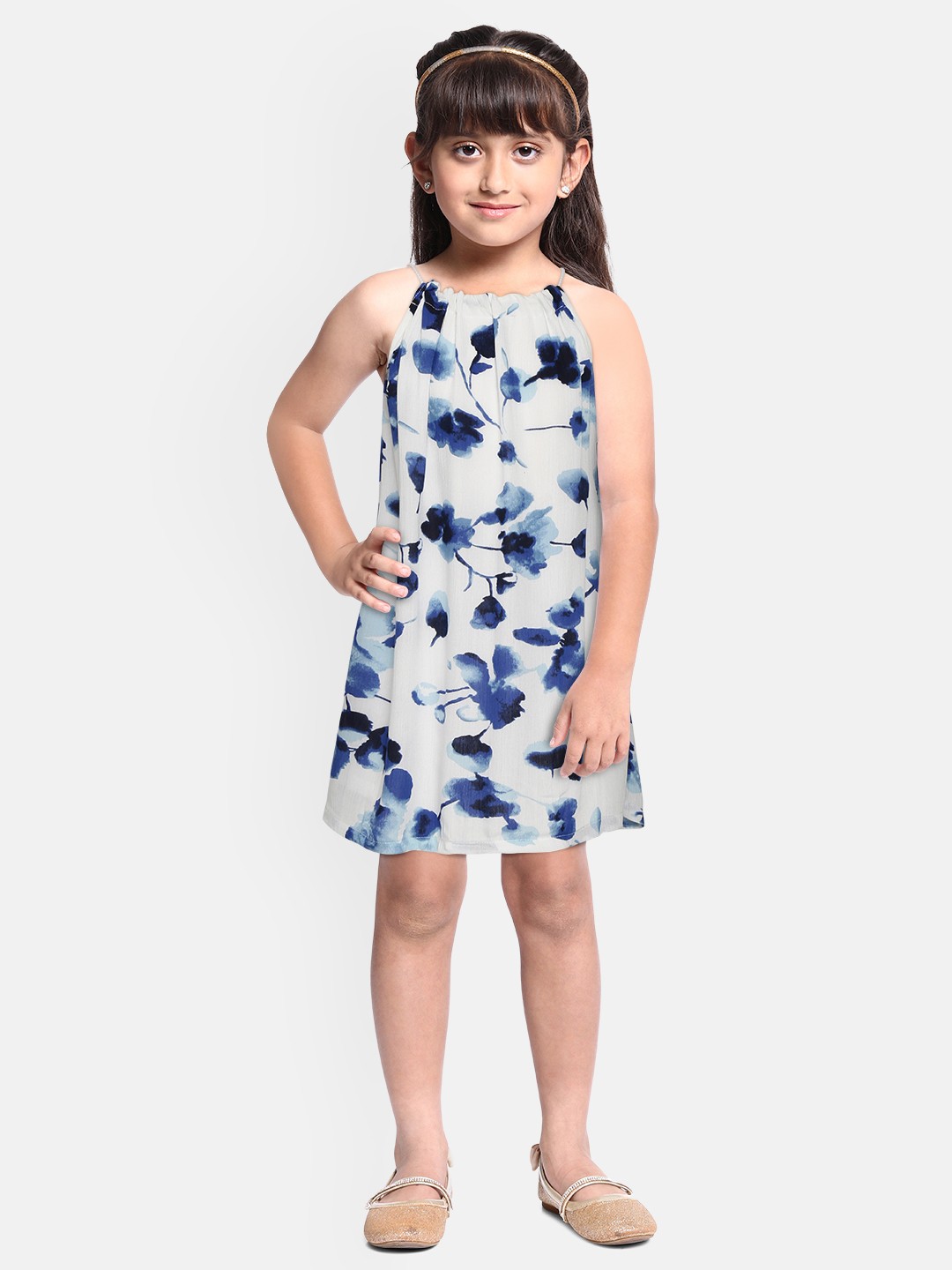 

Gini and Jony Girls White & Blue Cotton Abstract Print A-Line Dress With Hairband