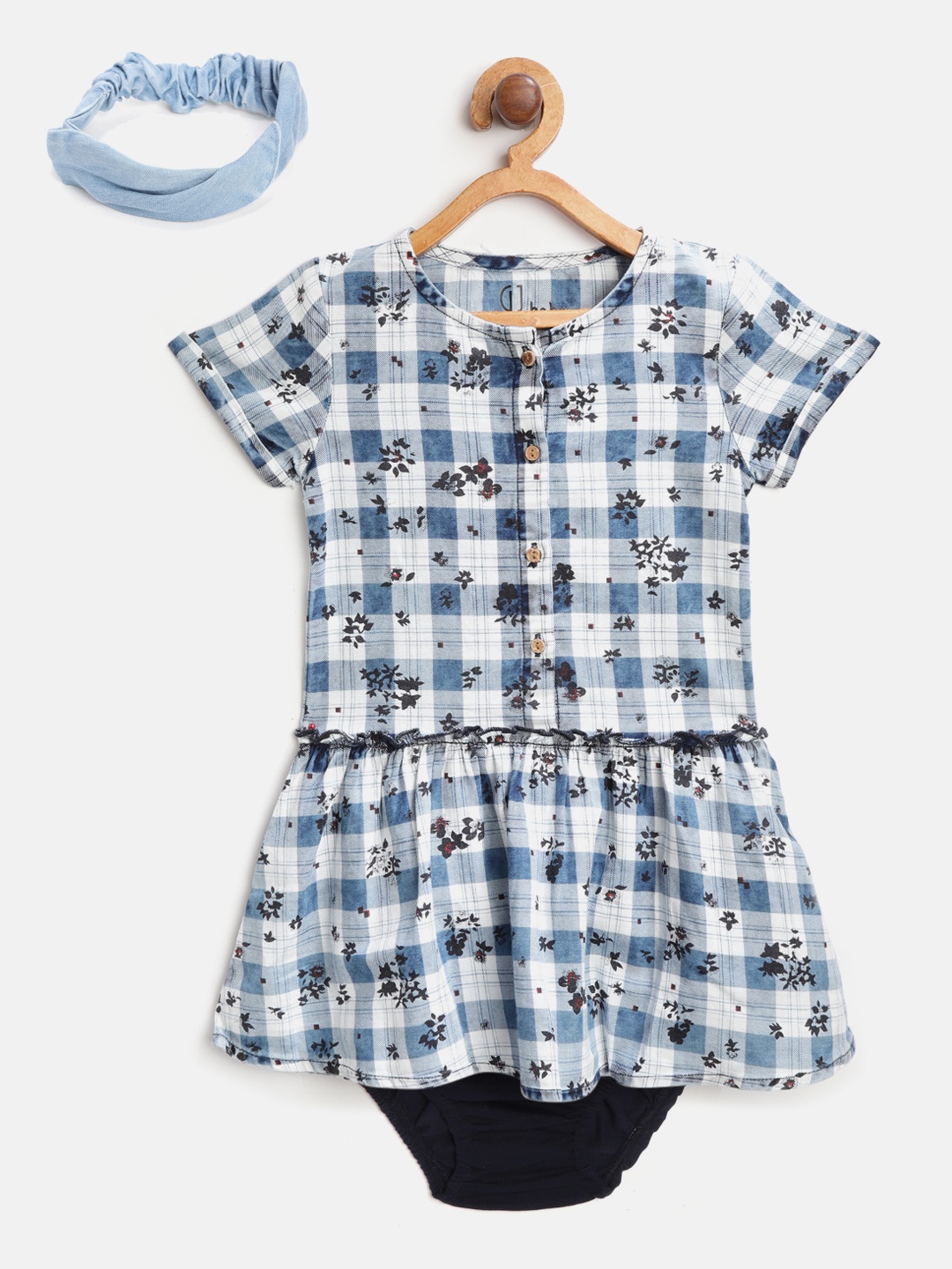

Gini and Jony Girls Blue & White Checked Fit and Flare Dress With Briefs & Hairband