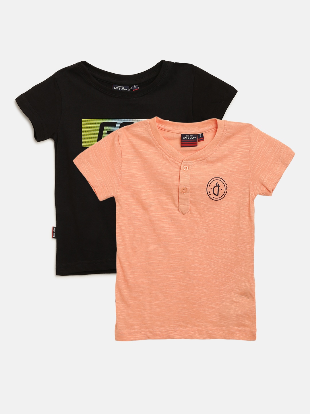 

Gini Jony Boys Pack of 2 Round Neck Pure Cotton T-shirts, Peach