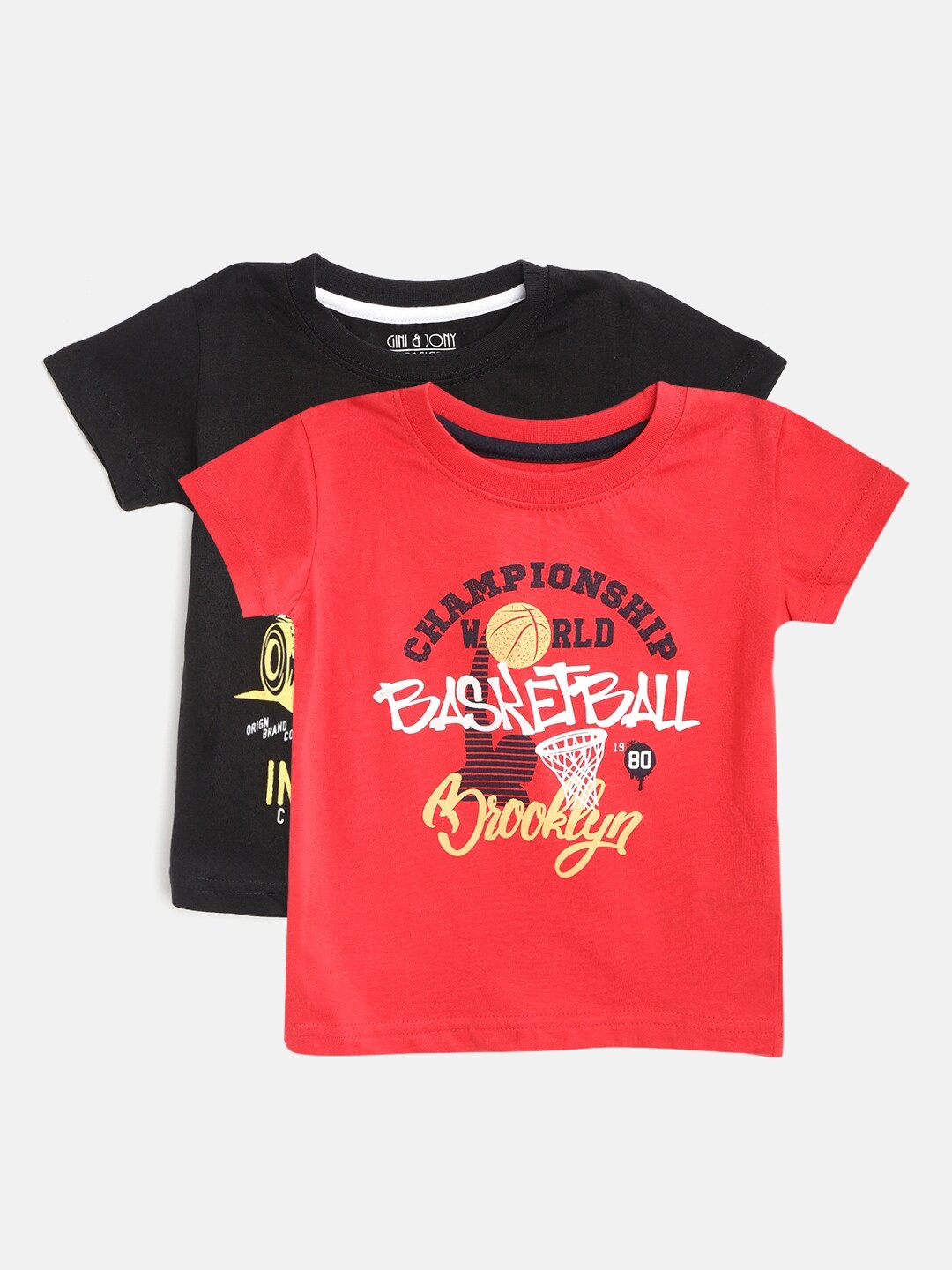 

Gini and Jony Boys Pack of 2 Printed Round Neck Pure Cotton T-shirts, Black