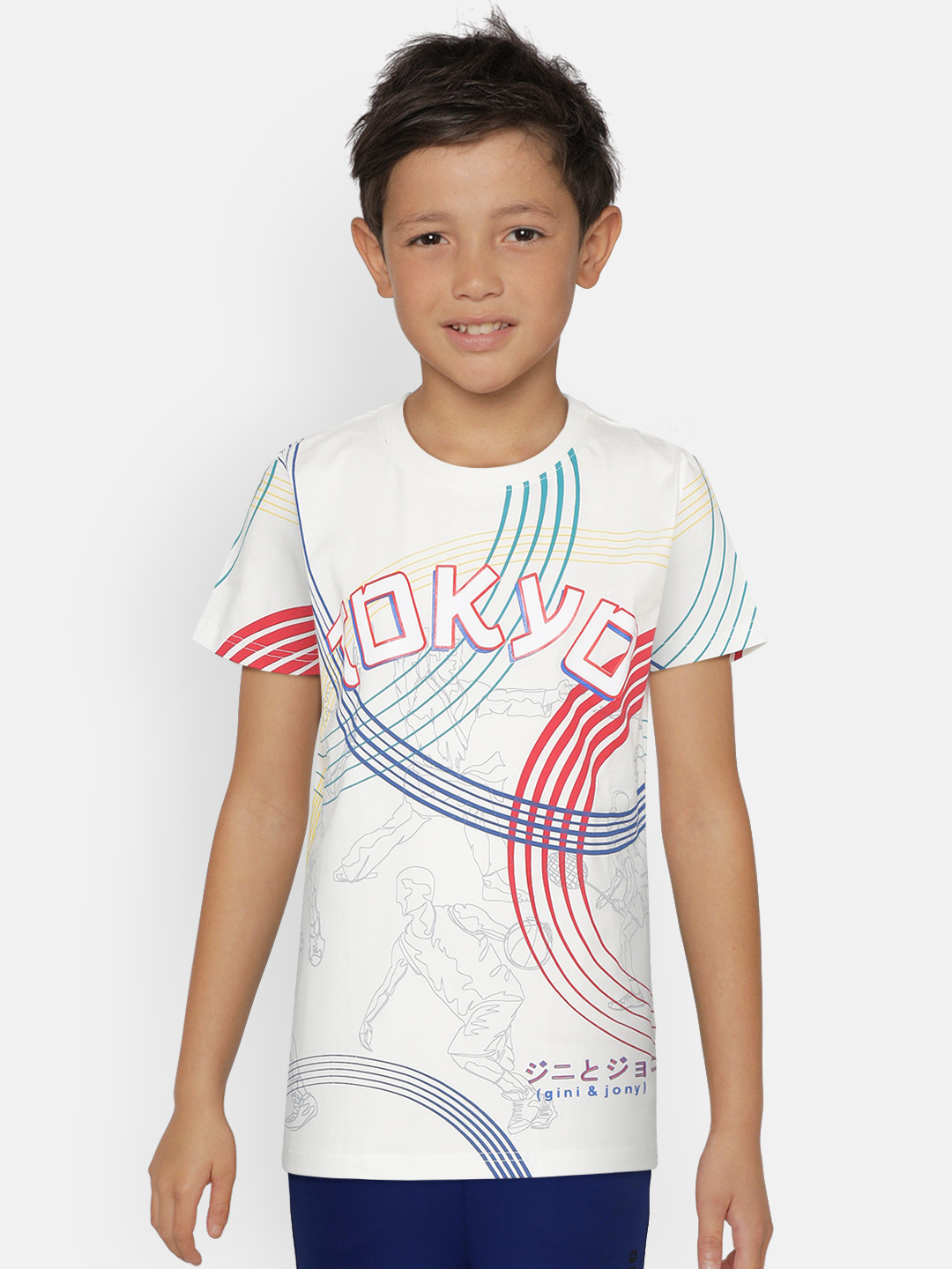 

Gini and Jony Boys White & Blue Geometric Print Round Neck T-shirt