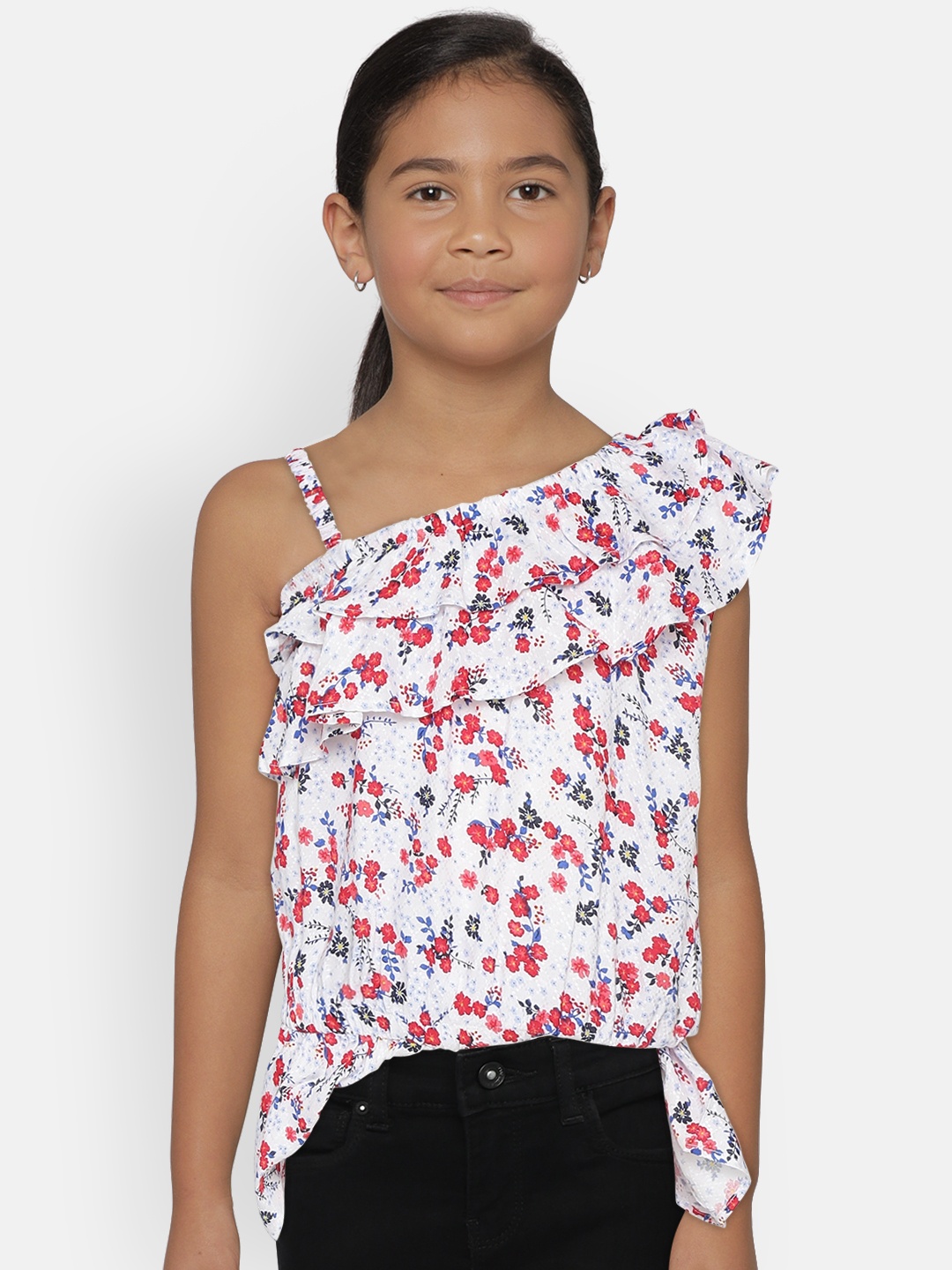 

Gini and Jony Girls White & Red Floral Print Ruffled One-Shoulder Top