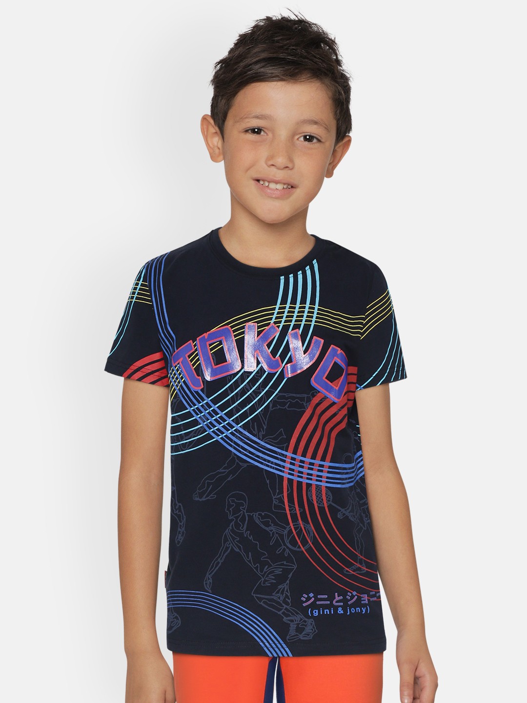 

Gini and Jony Boys Navy Blue & Red Geometric Print Round Neck T-shirt