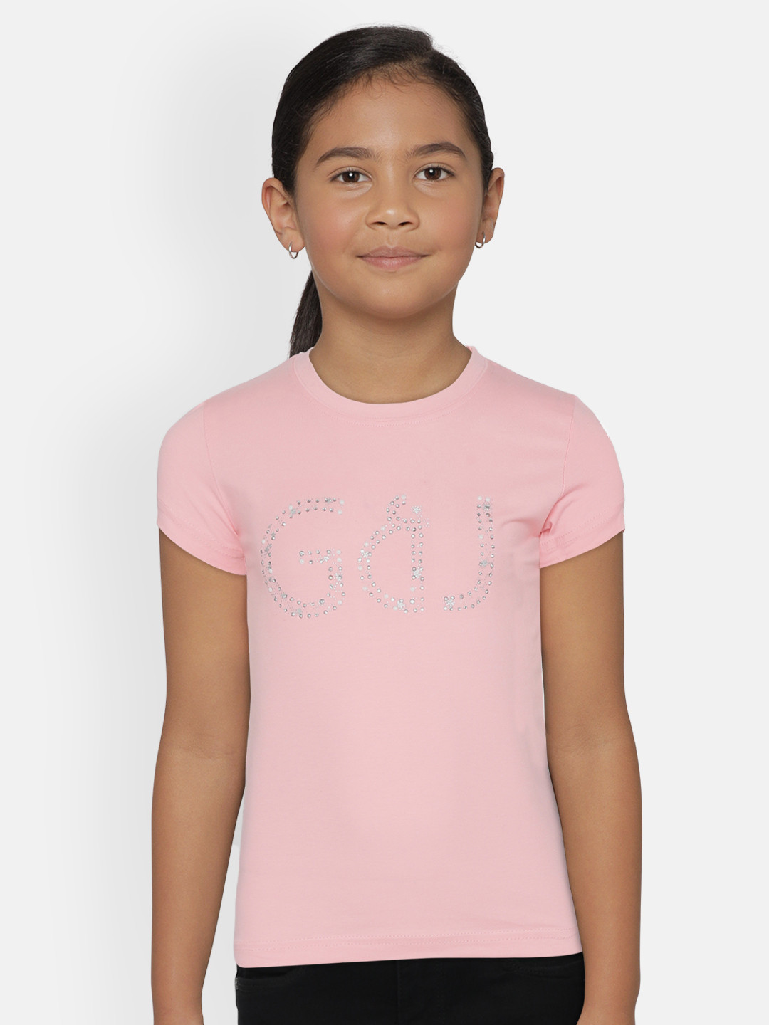 

Gini and Jony Girls Pink Brand Logo Printed & Embellished Round Neck T-shirt