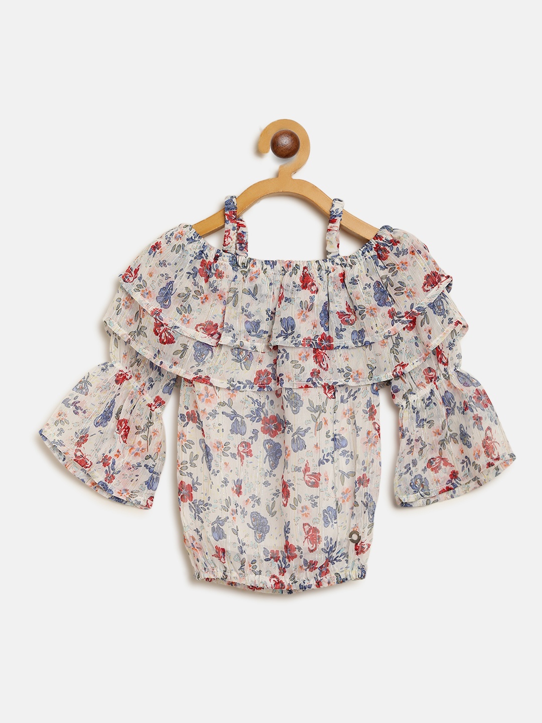 

Gini and Jony Girls Off-White & Blue Floral Printed Off-Shoulder Blouson Top