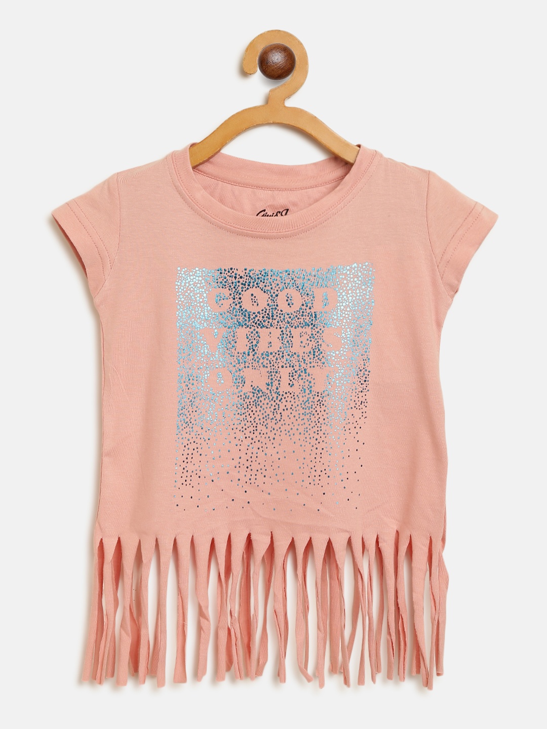 

Gini and Jony Girls Peach-Coloured & Teal Blue Fringed Printed Top