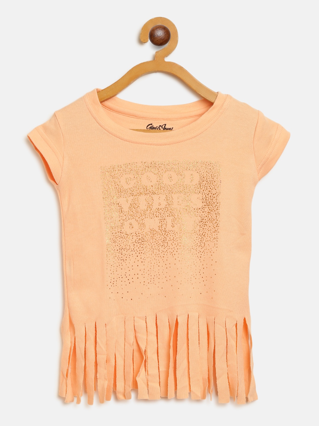 

Gini and Jony Girls Peach-Coloured & Gold-Toned Fringed Printed Pure Cotton Top