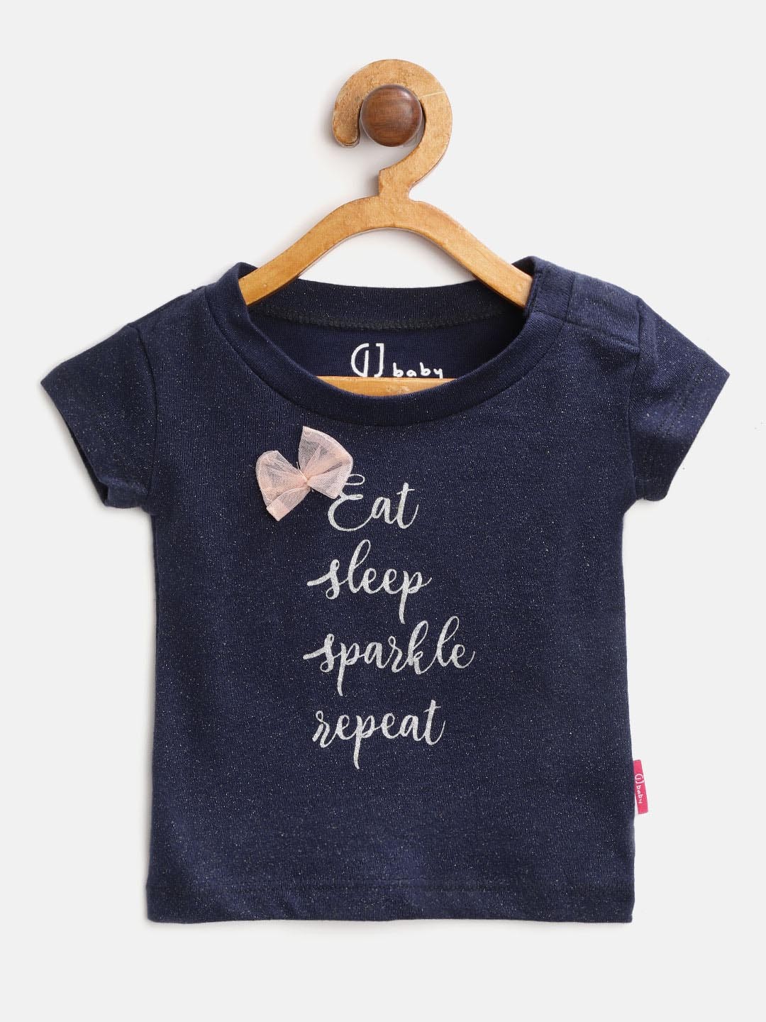 

Gini and Jony Girls Navy Blue & Silver Typography Printed Round Neck T-shirt with Bow
