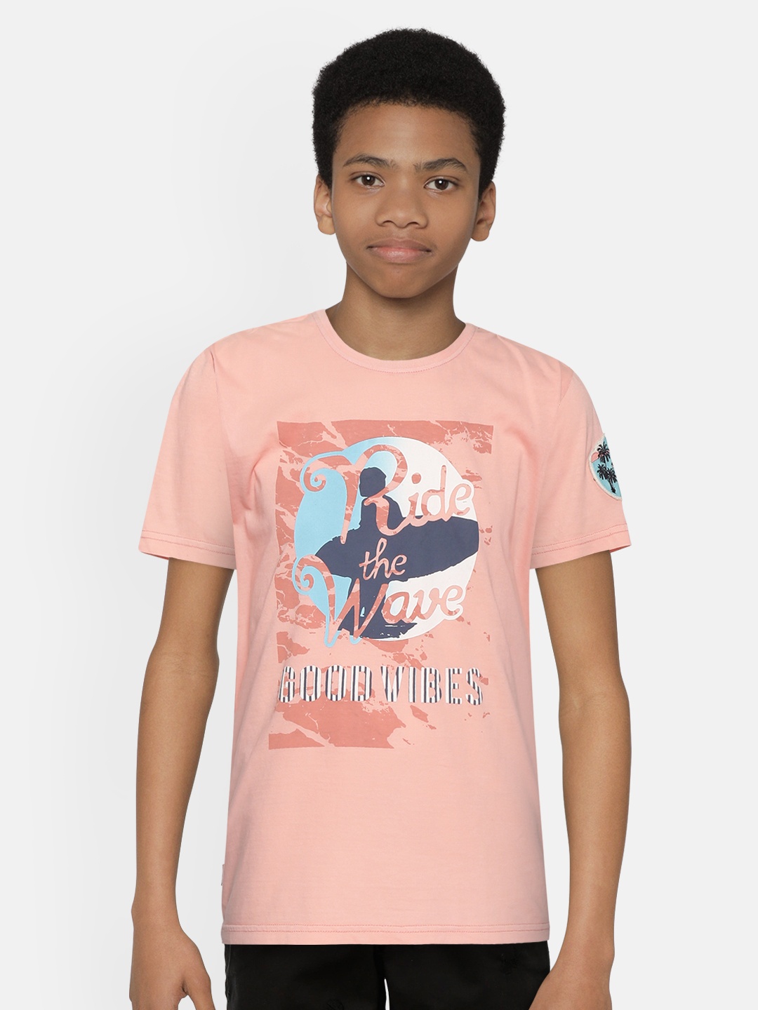 

Gini and Jony Boys Peach-Coloured Graphic Print Pure Cotton Round Neck T-shirt
